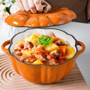 Enameled Cast Iron Dutch Oven with Lid –Pumpkin Cocotte – Non Stick Dutch Oven Pot – Sturdy Ovenproof Stockpot Cookware – Enamelled Cooking Pot – Oversized Handles (1.6-quart)