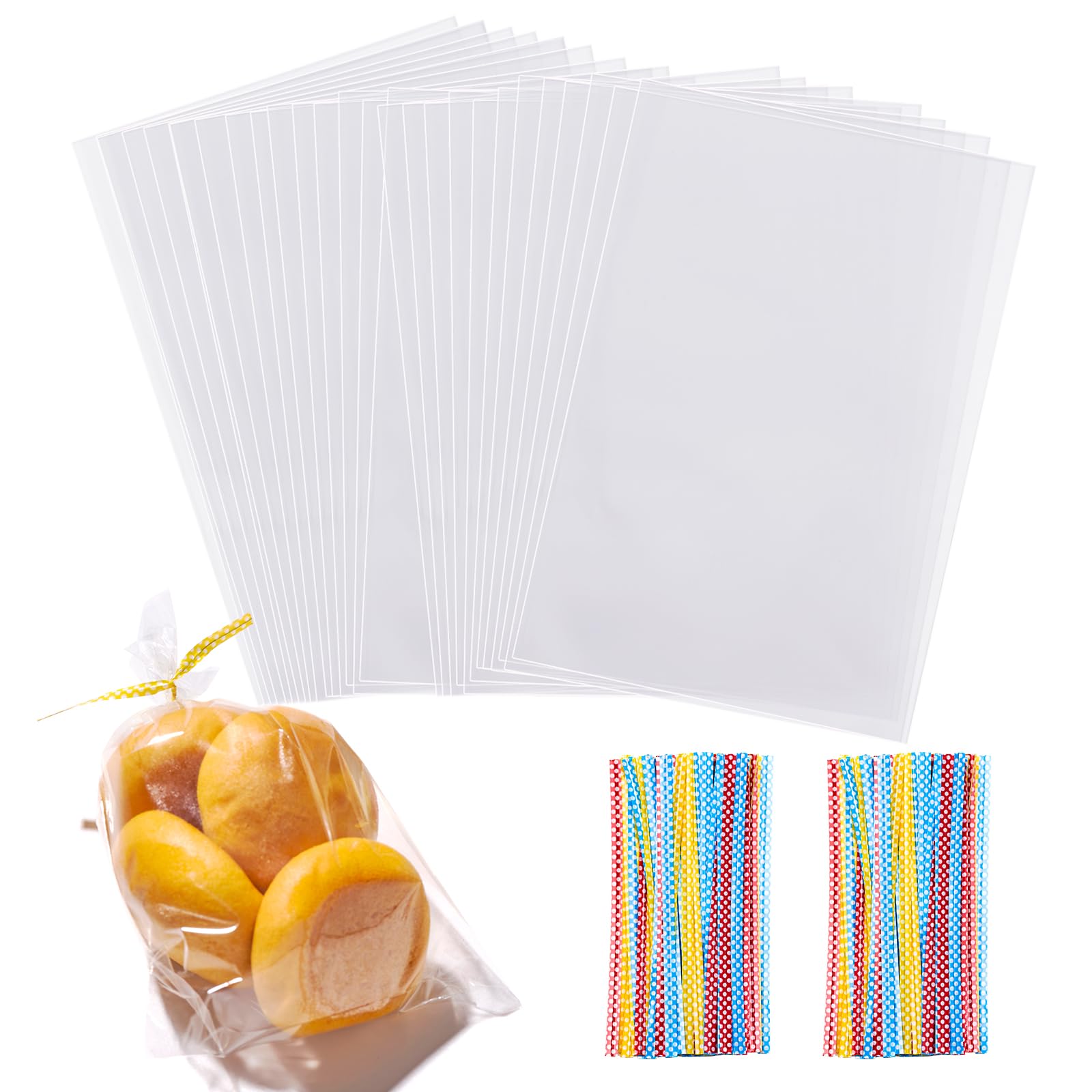 200 PCS Transparent Clear Cellophane Bags 6x9 Inches, Clear Treat Bags with Ties for Cookie Bags Resealable Cellophane Bag for Packaging Cookies,Gifts,Products,Candy,Favors