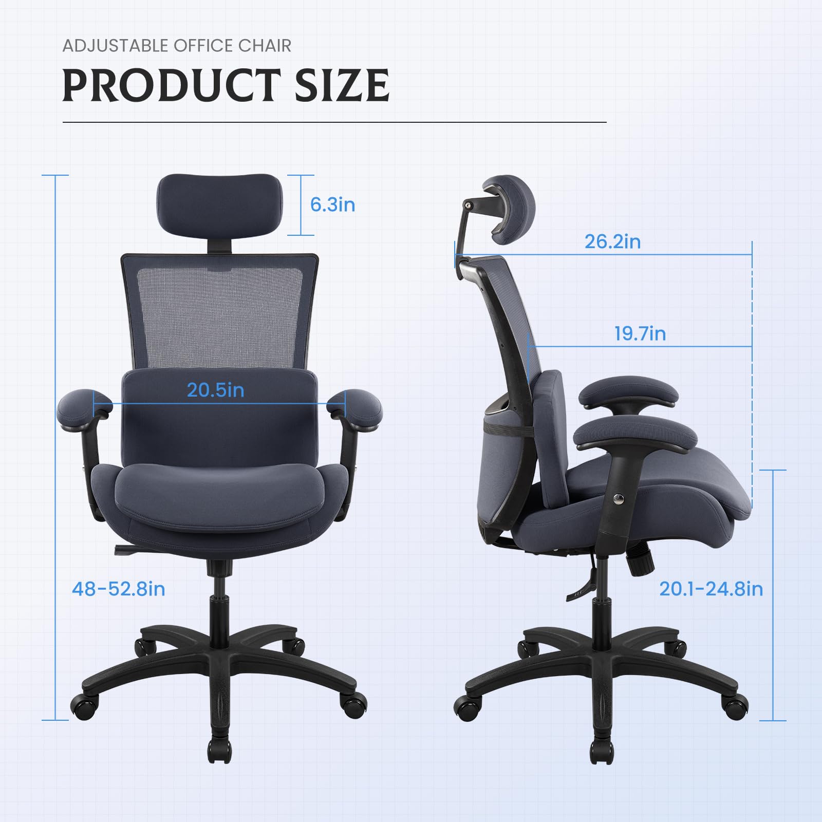 WITTLONG Big and Tall 500lbs High-Back Mesh Erogonomic Office Chair Computer Desk Chair Adjustable Headrest Height Adjustable Armrest and Lumbar Support-Grey