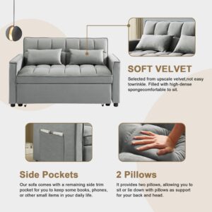 SumKea Pull Out Couch Bed Sleeper Sofa, Velvet 3-in-1 loveseat Sofa Bed with Pull-Out Bed, Two Throw Pillows, Grey