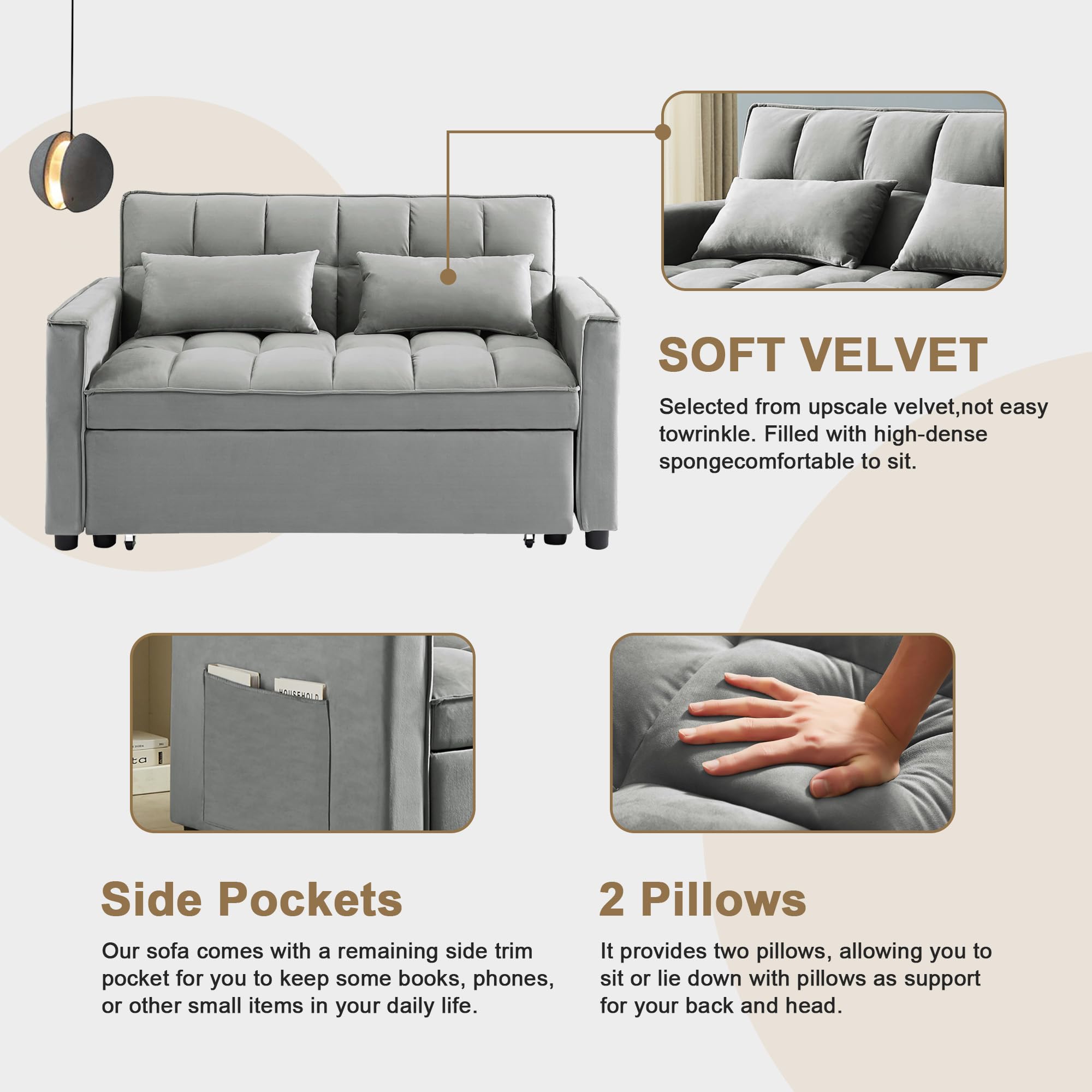 SumKea Pull Out Couch Bed Sleeper Sofa, Velvet 3-in-1 loveseat Sofa Bed with Pull-Out Bed, Two Throw Pillows, Grey