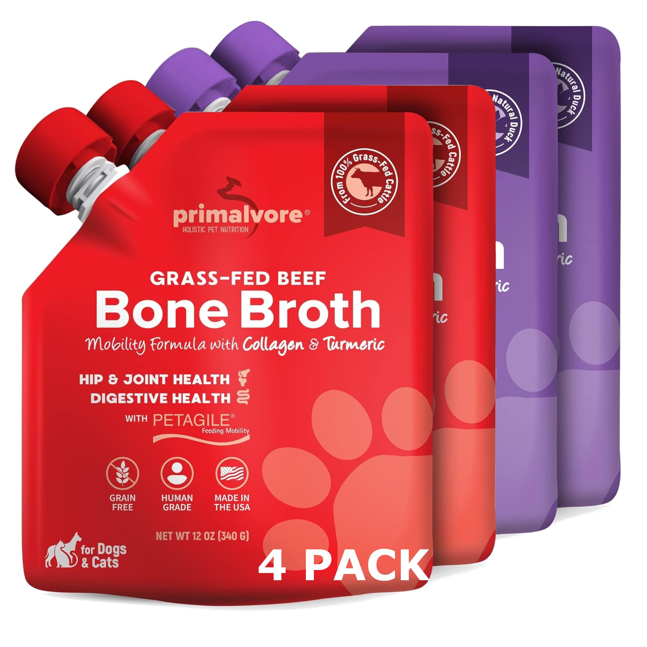 Primalvore Beef & Duck Free-Range Bone Broth for Dogs &Cats, Mobility Formula w/Collagen Peptides for Hip&Joints, Digestion, Skin&Coat and Hydration. Grain Free, Human Grade, Made in USA. 4 Pack