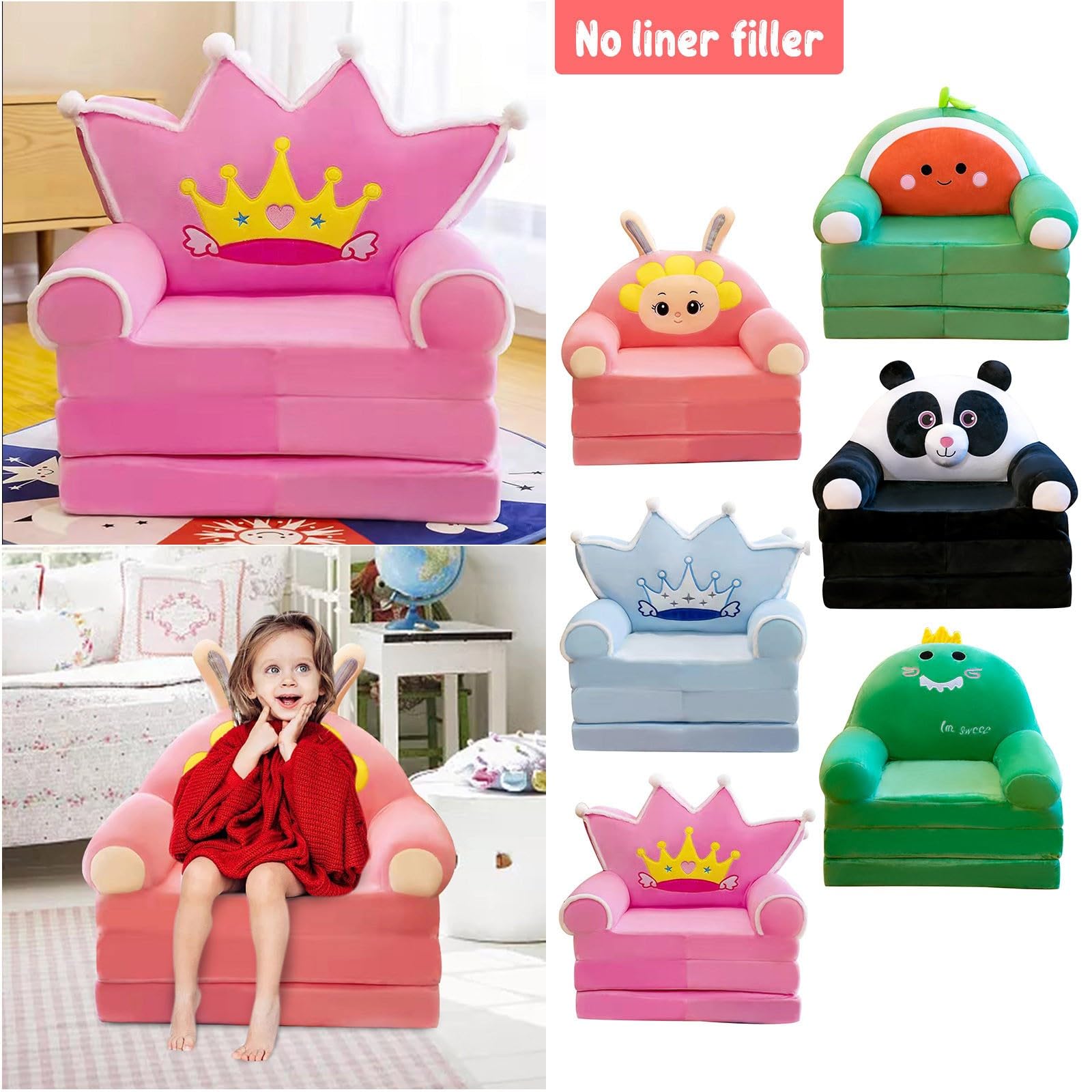 Plush Foldable Kids Sofa Cover Backrest Armchair 2 in 1 Foldable Children Sofa Cute Cartoon Lazy Sofa Children Flip Open Sofa Bed for Living Room Bedroom Without Liner Filler Recliner,Z1-E,One Size