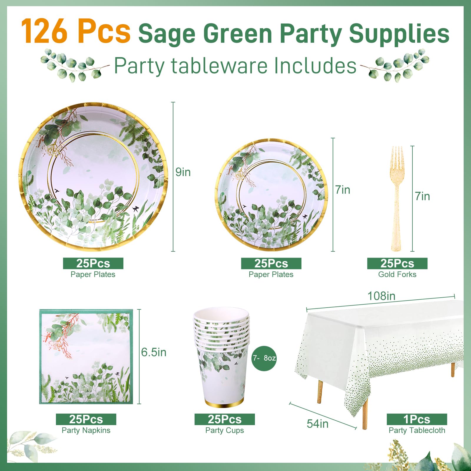 Etsutomy Sage Green Party Decoration, 126PCS Sage Green Plates and Napkins Party Supplies, Spring Greenery Eucalyptus Green Leaves Disposable Dinnerware Decor for Wedding Birthday Baby Shower