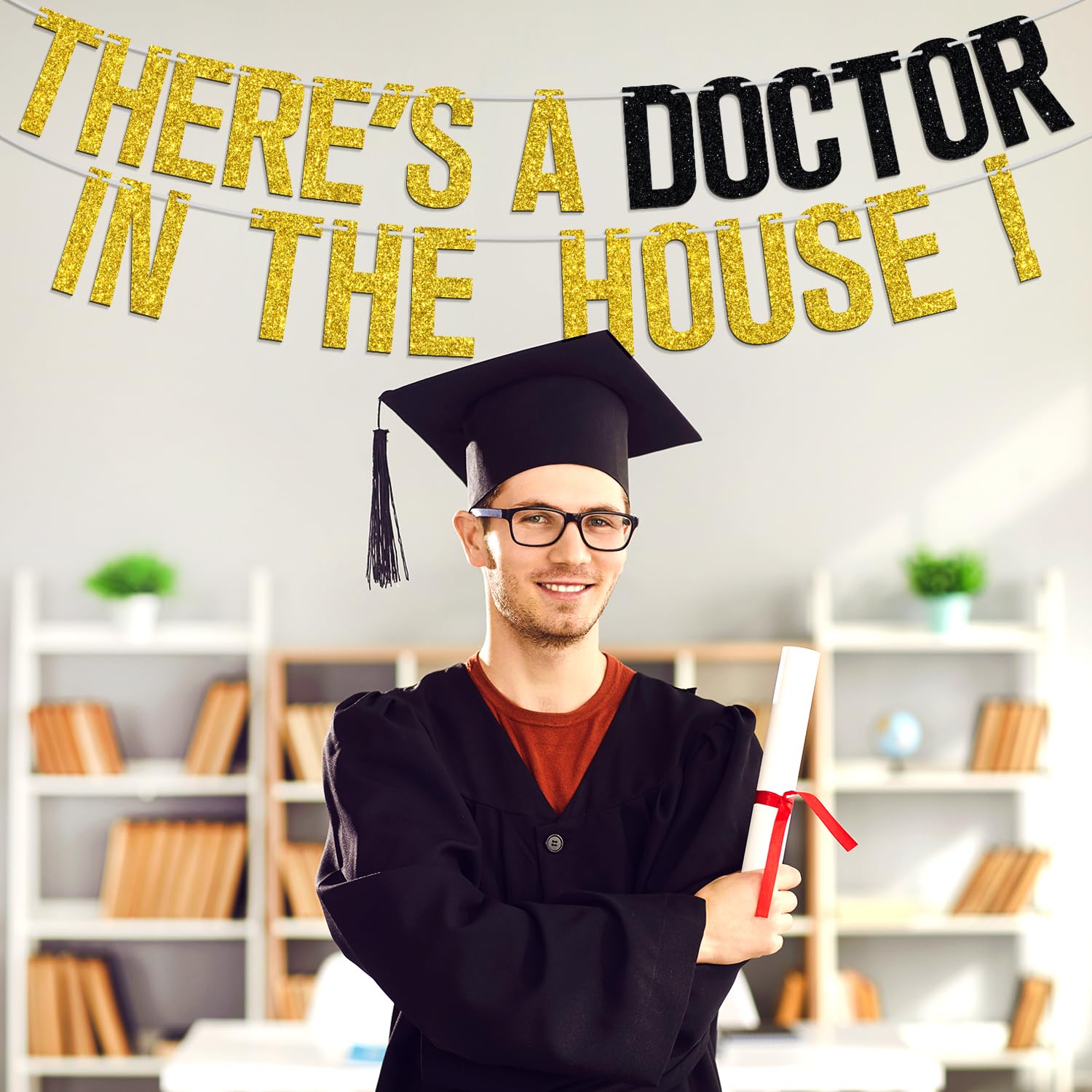 There's a Doctor in The House Banner, Congrats Doctor/Future Doctor, 2024 Medical College Graduation Party Decorations Supplies, Gold Glitter