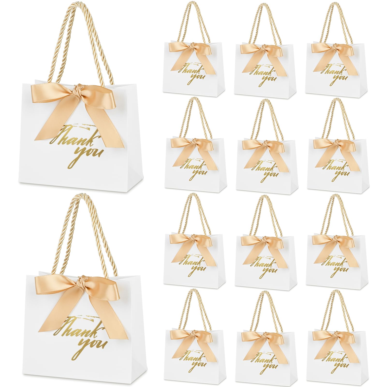 Mauproy 20 Pack Small Thank You Gift Bags with Handles, 5.5''x 2.5''x 4.7'' Mini Paper Gift Bags with Ribbons Party Favor Bags for Wedding Baby Shower Bridal Shower Birthday Christmas (White)