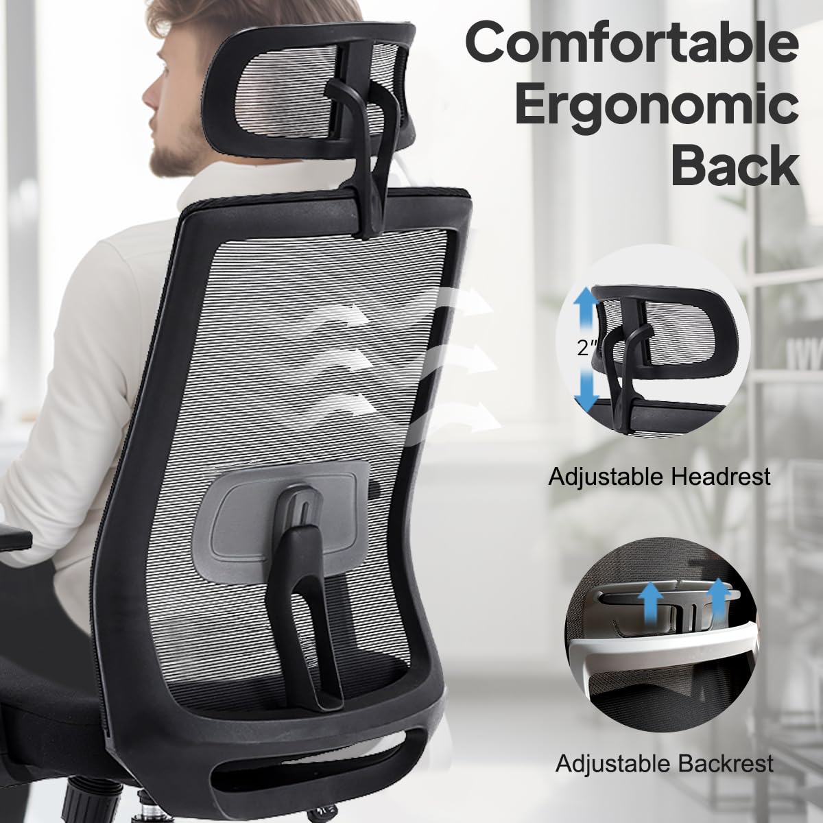 Ergonomic Office Chair for Home Office, Desk Chair with Breathable Mesh, Adjustable Armrest, Lumbar Support and Headrest, Black