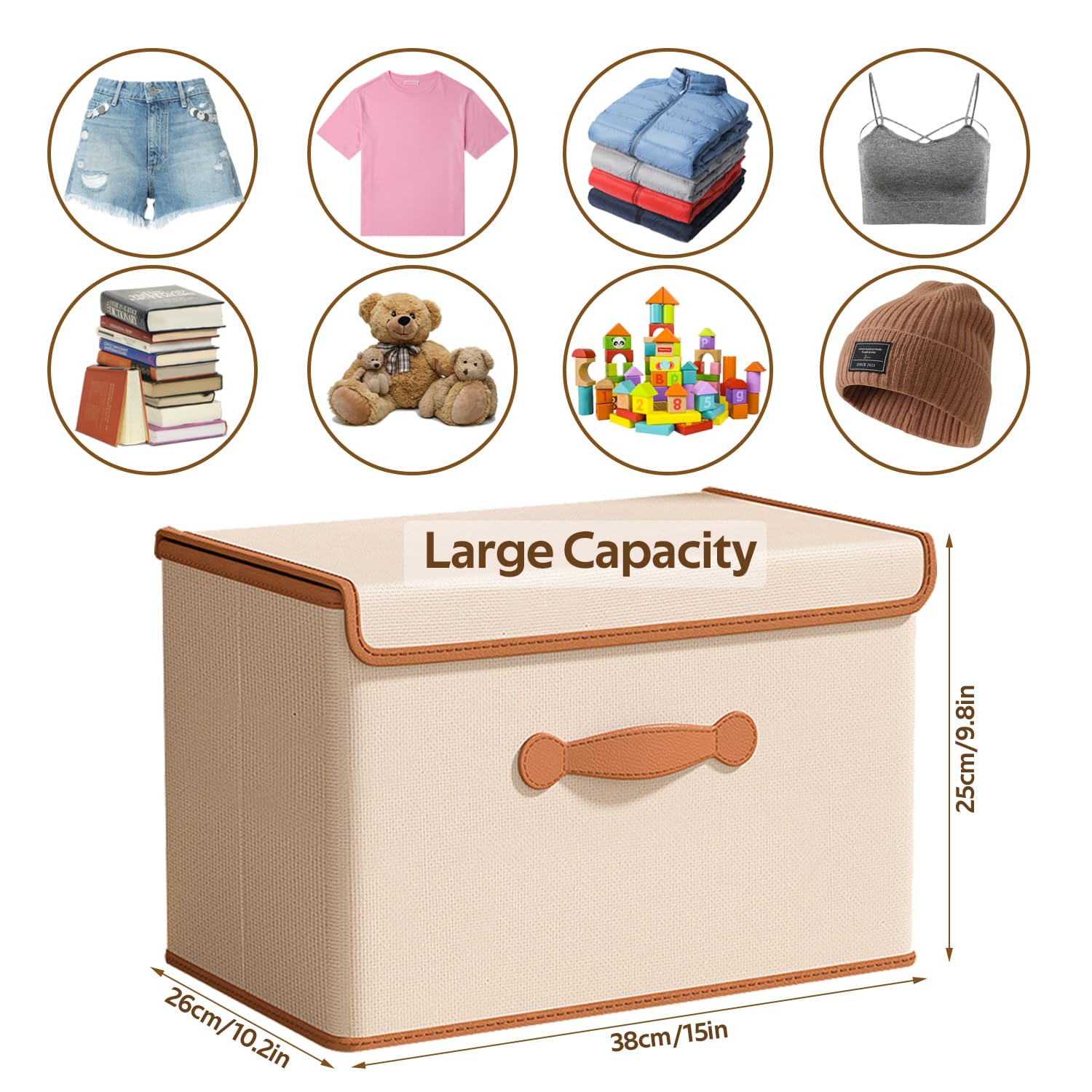 DOORSOUT Foldable Storage Boxes with Lids, Fabric Storage Box with Handles, Extra Large Storage Basket Bins For Wardrobe Clothes Toy 38 * 26 * 25cm (3Pack Beige)