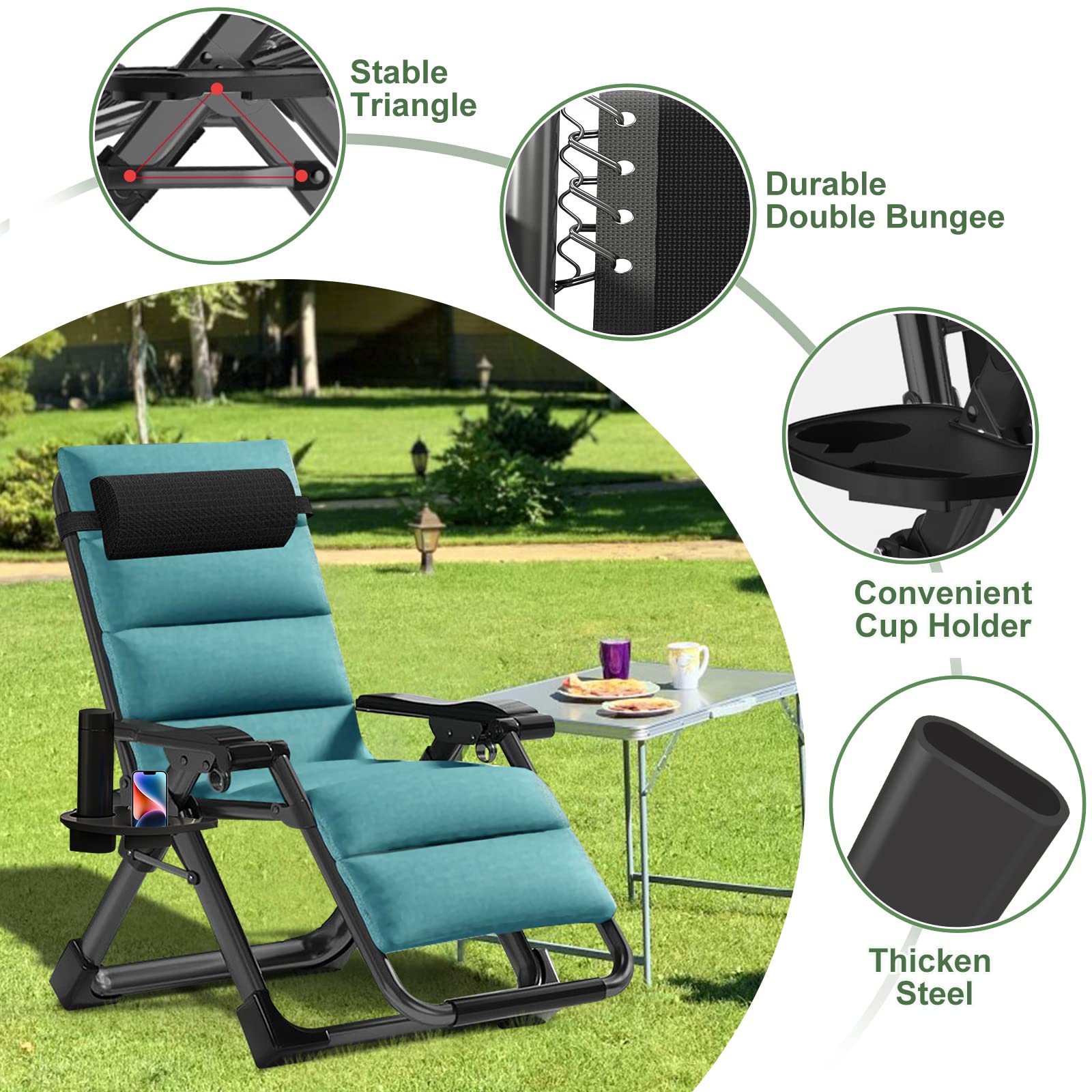 Barbella Zero Gravity Chair Living Room Chairs Lawn Recliner, Reclining Patio Chairs Patio Lounger Chair, Folding Portable Chaise with Cushion, Cup Holder, Headrest