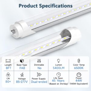 SHINESTAR 10-Pack 8ft LED Bulbs, 44w 6500K Daylight, Ballast Bypass, Dual-end, F96T12 LED Replacement, Clear Cover