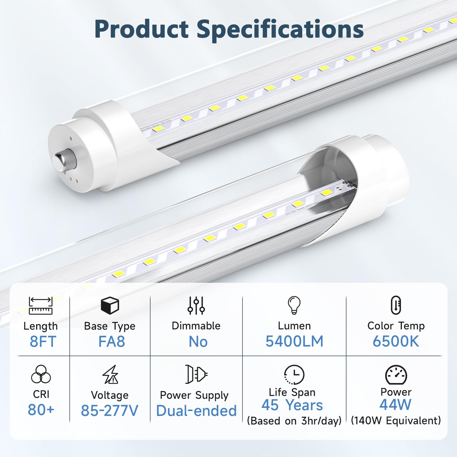 SHINESTAR 10-Pack 8ft LED Bulbs, 44w 6500K Daylight, Ballast Bypass, Dual-end, F96T12 LED Replacement, Clear Cover