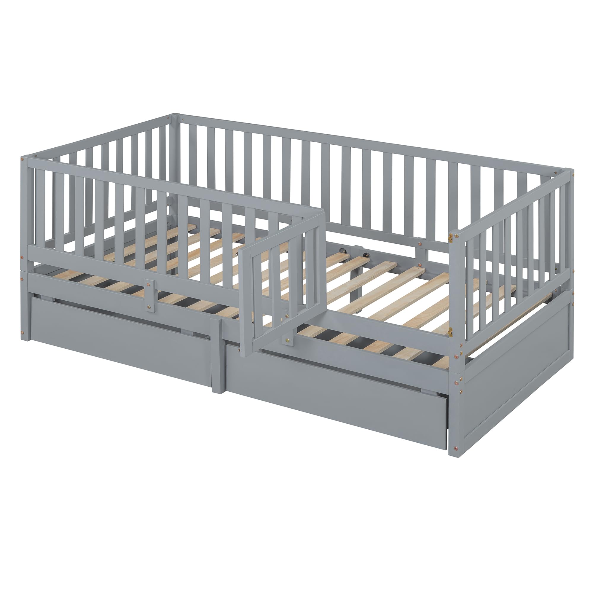 Twin Size Daybed with Fence Guardrails and 2 Drawers, Wood Twin Bed Frame Montessori Bed with Storage for Kids Girls Boys ,Can Split into Independent Floor Bed & Storage Daybed ,Grey