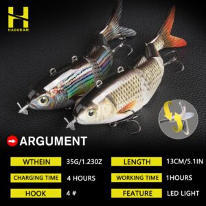 Robotic Swimming Lure 5.1” Fishing Lure 4-Segement Multi Jointed Swimbait Electric Bait LED Light USB Rechargeable Robotic Lure for Bass Trout Pike Fishing Tackle