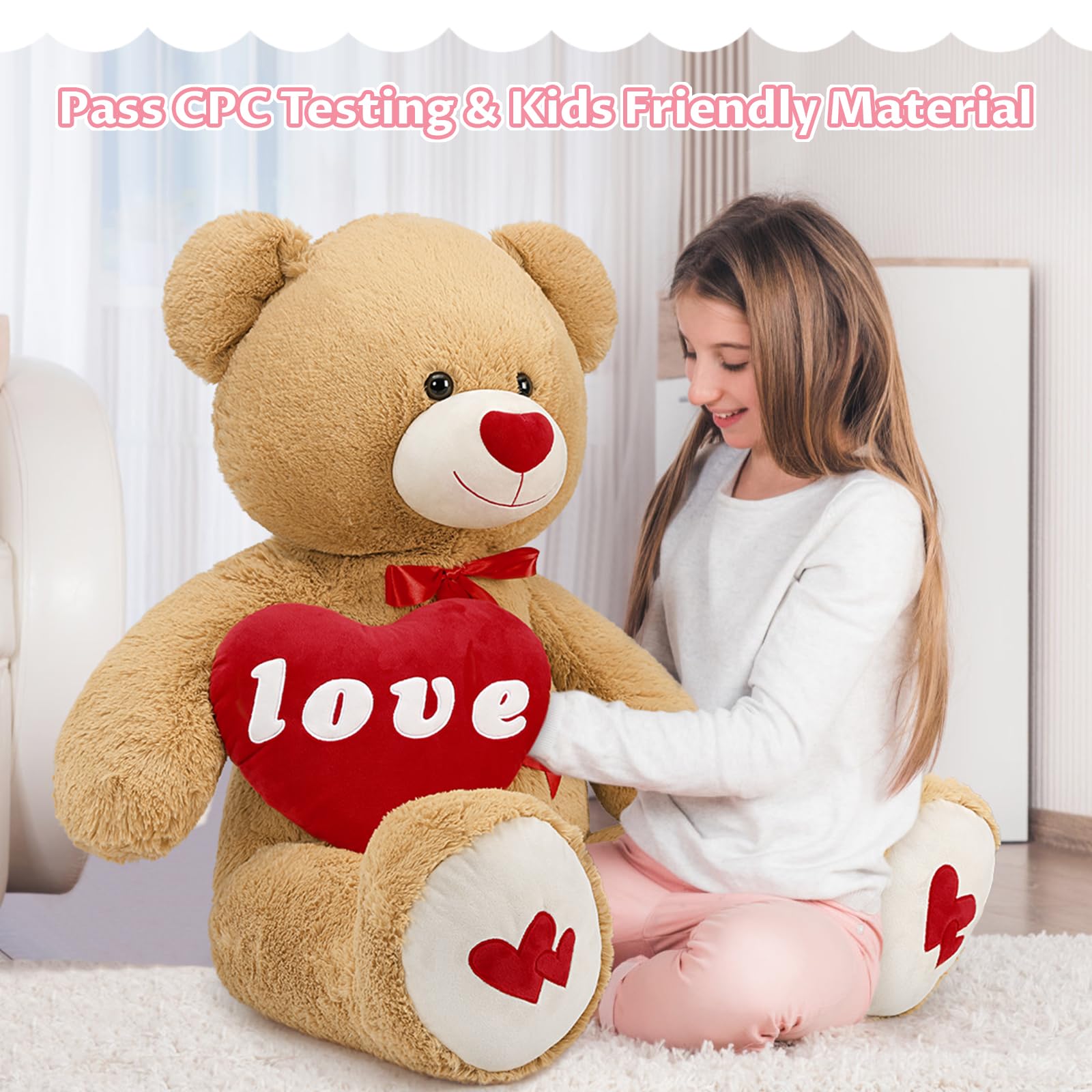 MaoGoLan Giant Teddy Bear Plush Toy, 51”Large Bear Stuffed Animal with Red Heart Pillow for Valentine Day Sweet Romantic Anniversary Birthday Christmas, Big Teddy Bear for Her Girlfriend Wife