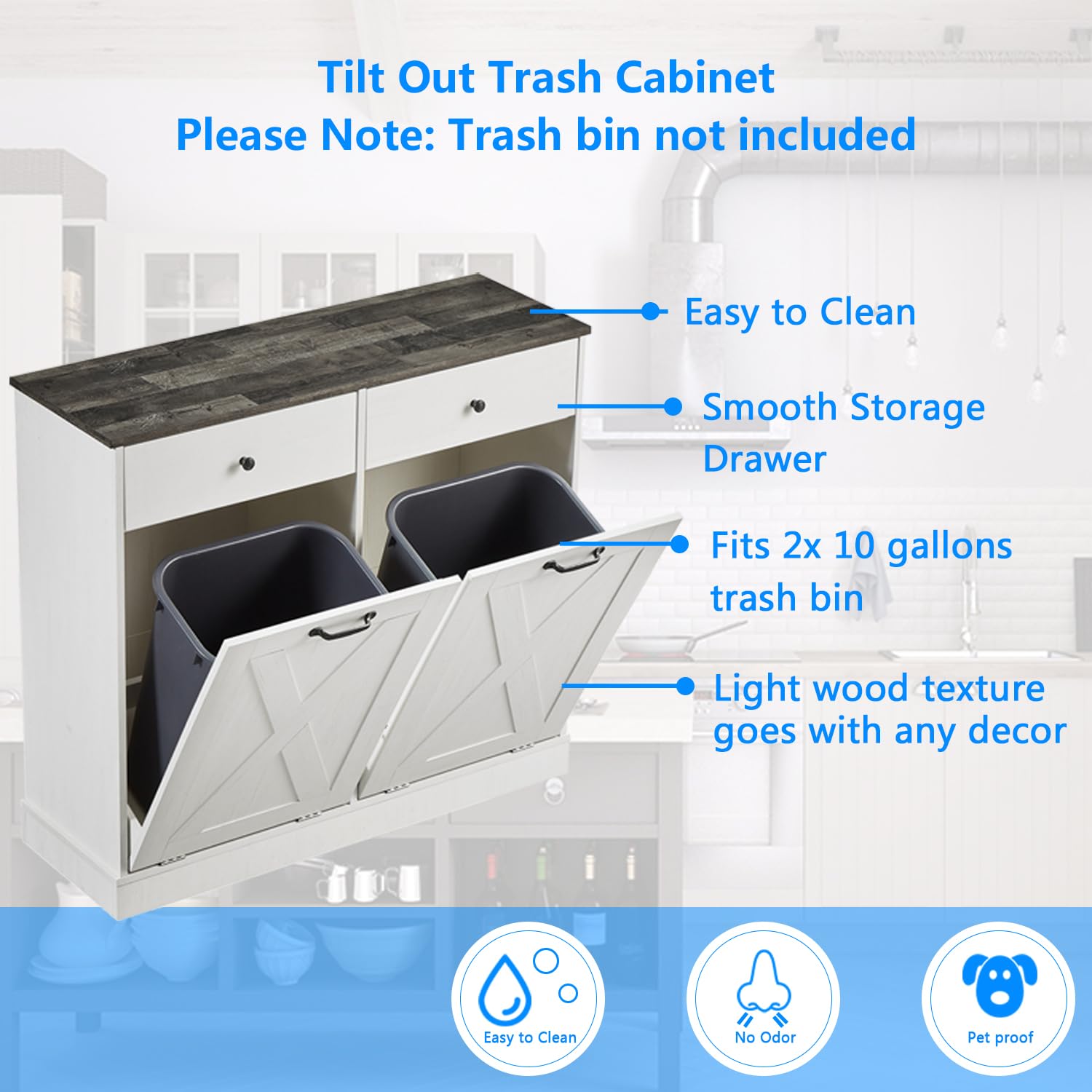 Bocarali Double Tilt Out Trash Cabinet, 20 Gallon Wood Free Standing Laundry Sorter Trash Can with Dual Drawers, Kitchen Garbage Can Recycling Bin Cabinet for Living Room Bathroom, White