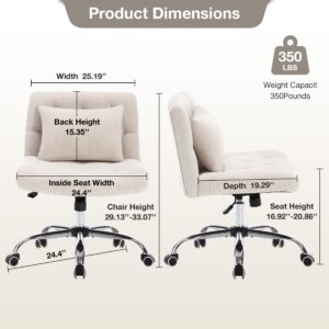 Armless Fabric Office Desk Chair with Wheels, Cross Legged Wide Seat Chair, Modern Home Office Chair with Lumbar Pillow, Comfortable Computer Task Chair for Small Space, Vanity Chair for Women, Girls