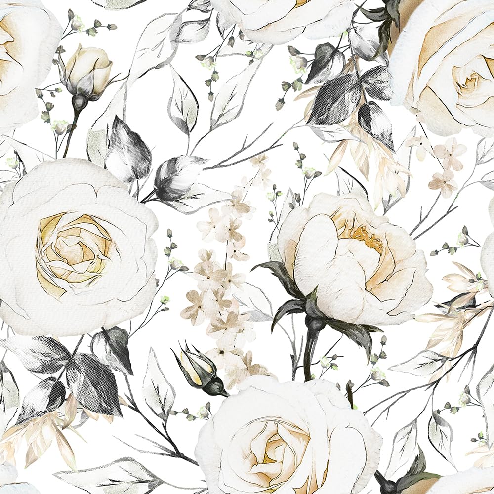 BEETAL Vintage Pale White/Yellow Floral Peony Flowers Rose Grey Leaf Peel and Stick Wallpaper Easy Peel Off Contact Paper Stick on Adhesive Wall Paper for Bathroom Waterproof Renter Friendly