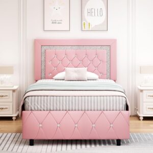 twin bed frame, upholstered platform bed with diamond button tufted headboard, girls twin bed fame, princess bed frame with crystal tufted headboard, wooden slats support, easy assembly, pink