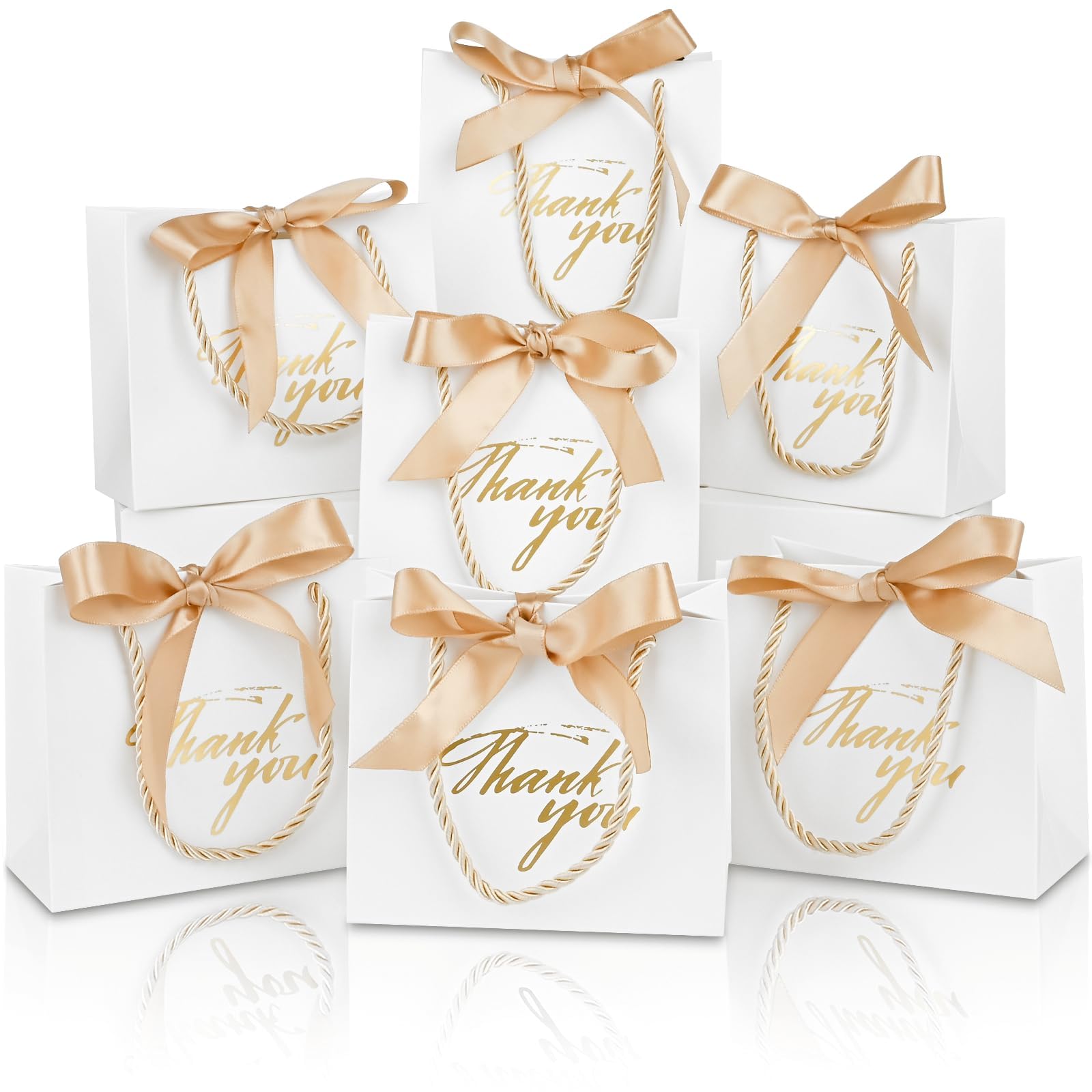 Mauproy 20 Pack Small Thank You Gift Bags with Handles, 5.5''x 2.5''x 4.7'' Mini Paper Gift Bags with Ribbons Party Favor Bags for Wedding Baby Shower Bridal Shower Birthday Christmas (White)