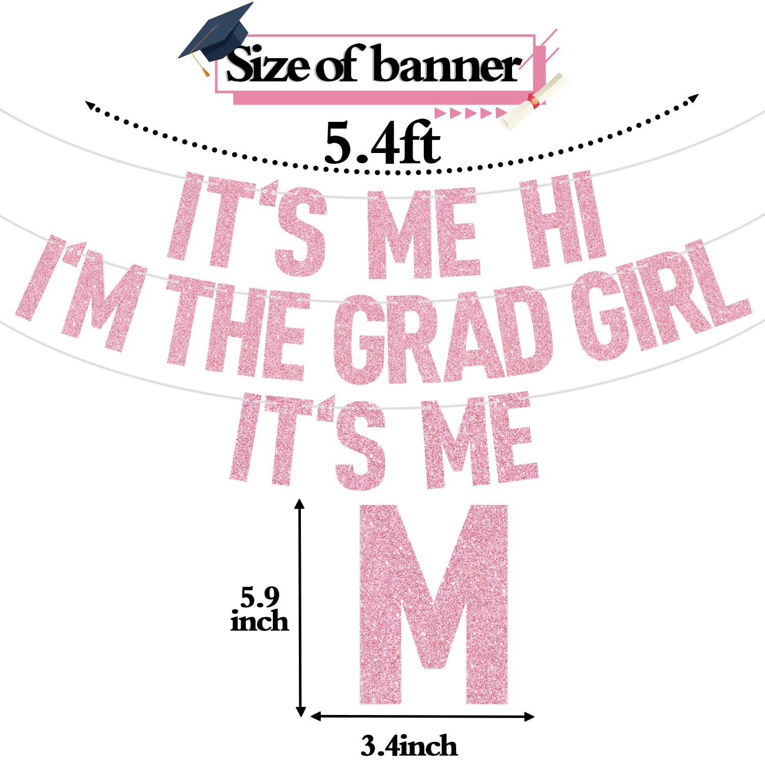 Pink Glitter It's Me Hi I'm the Grad Girl It's Me Banner, Class of 2024/Congrats 2024 Grad/Congratulation, 2024 Graduation Party Decorations Supplies for Girls