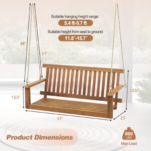 Tangkula 2 Person Hanging Porch Swing, Wooden Patio Swing with 2 Hanging Hemp Ropes, Slatted Seat & Back, 800Lbs Acacia Wood Outdoor Swing Bench for Backyard Deck Garden