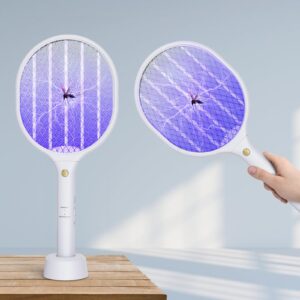 2 pack electric fly swatter racket 3000v bug zapper 2 in 1 mosquito zapper usb rechargeable, 1200mah mosquitoes killer lamp & fly zapper with 3 layer safety mesh for home