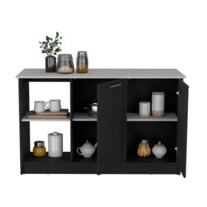 Tuhome Juniper Kitchen Island with Large Top Surface, Double Door Cabinet, and Open Shelves -Black/Onyx