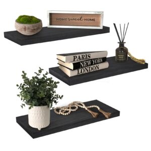 arborynth floating shelves for wall,17 inch rustic wood wall shelves,set of 3 easy to install wall mounted wood floating shelf for bathroom, bedroom, living room,black