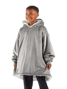 bare home sherpa fleece wearable blanket - oversized wearable blanket hoodie - kids size - warm & cozy - soft blanket - comfortable blanket sweatshirt with dual-sided pockets (kids, light grey)