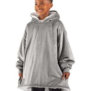 Bare Home Sherpa Fleece Wearable Blanket - Oversized Wearable Blanket Hoodie - Kids Size - Warm & Cozy - Soft Blanket - Comfortable Blanket Sweatshirt with Dual-Sided Pockets (Kids, Light Grey)