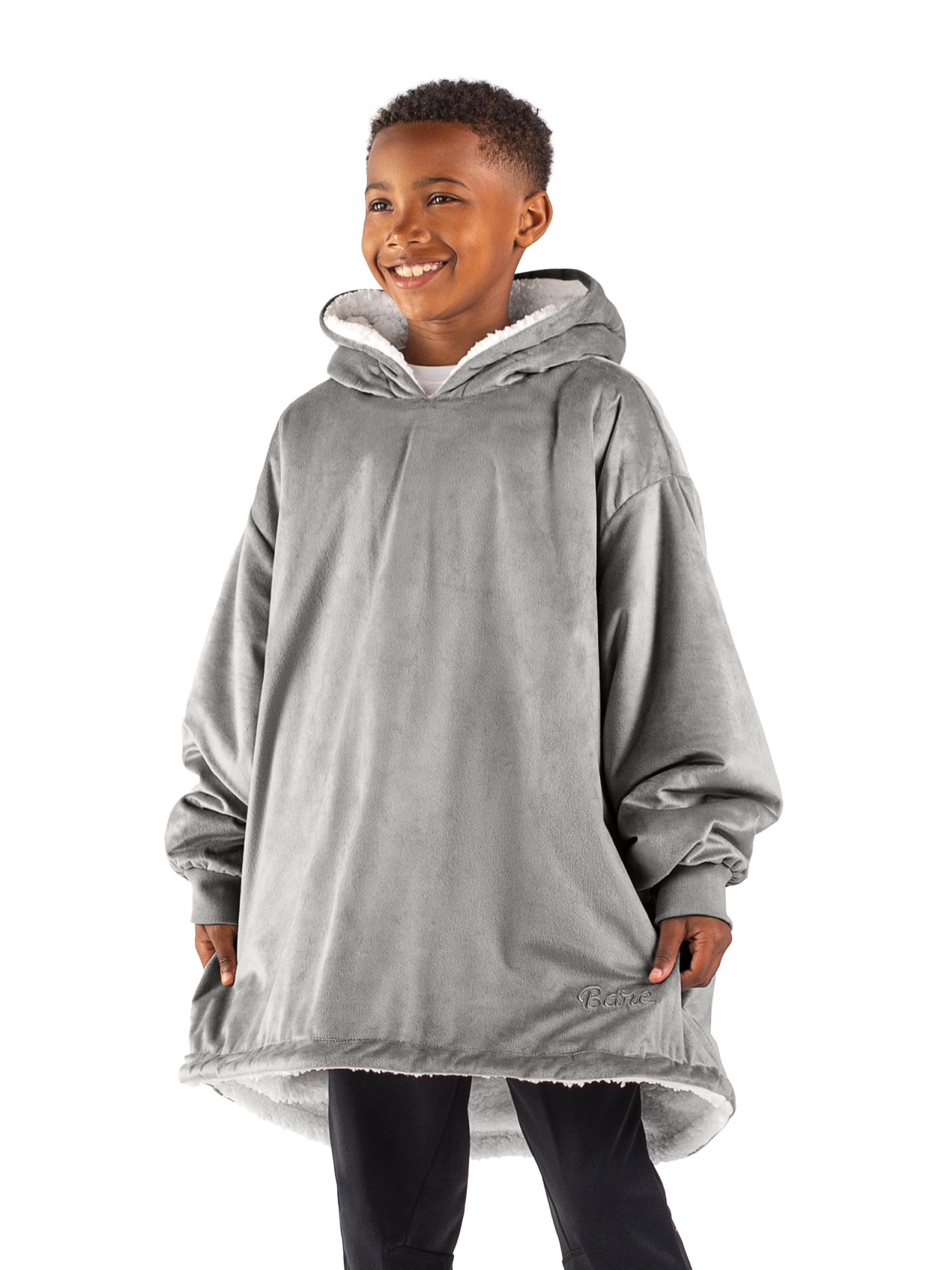 Bare Home Sherpa Fleece Wearable Blanket - Oversized Wearable Blanket Hoodie - Kids Size - Warm & Cozy - Soft Blanket - Comfortable Blanket Sweatshirt with Dual-Sided Pockets (Kids, Light Grey)