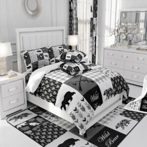 jejeloiu Bear Comforter Set Twin Size Kids Black White Buffalo Check Comforter for Boys Girls Teens Boho Arrow Camo Farmhouse Bedding Set Breathable Wild Animal Duvet Set Room Decor Quilt Set