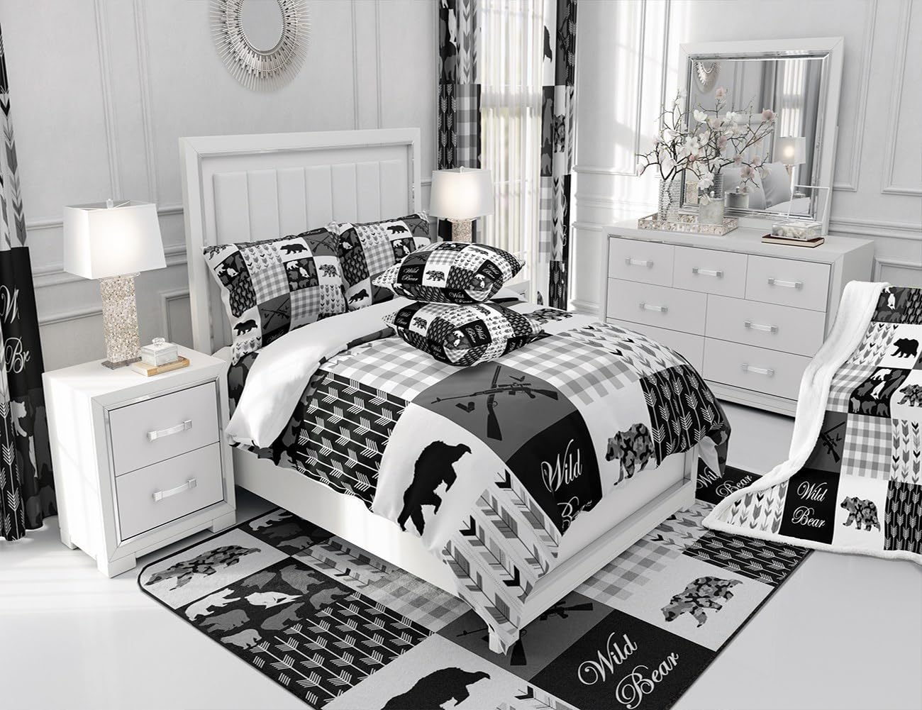 jejeloiu Bear Comforter Set Twin Size Kids Black White Buffalo Check Comforter for Boys Girls Teens Boho Arrow Camo Farmhouse Bedding Set Breathable Wild Animal Duvet Set Room Decor Quilt Set