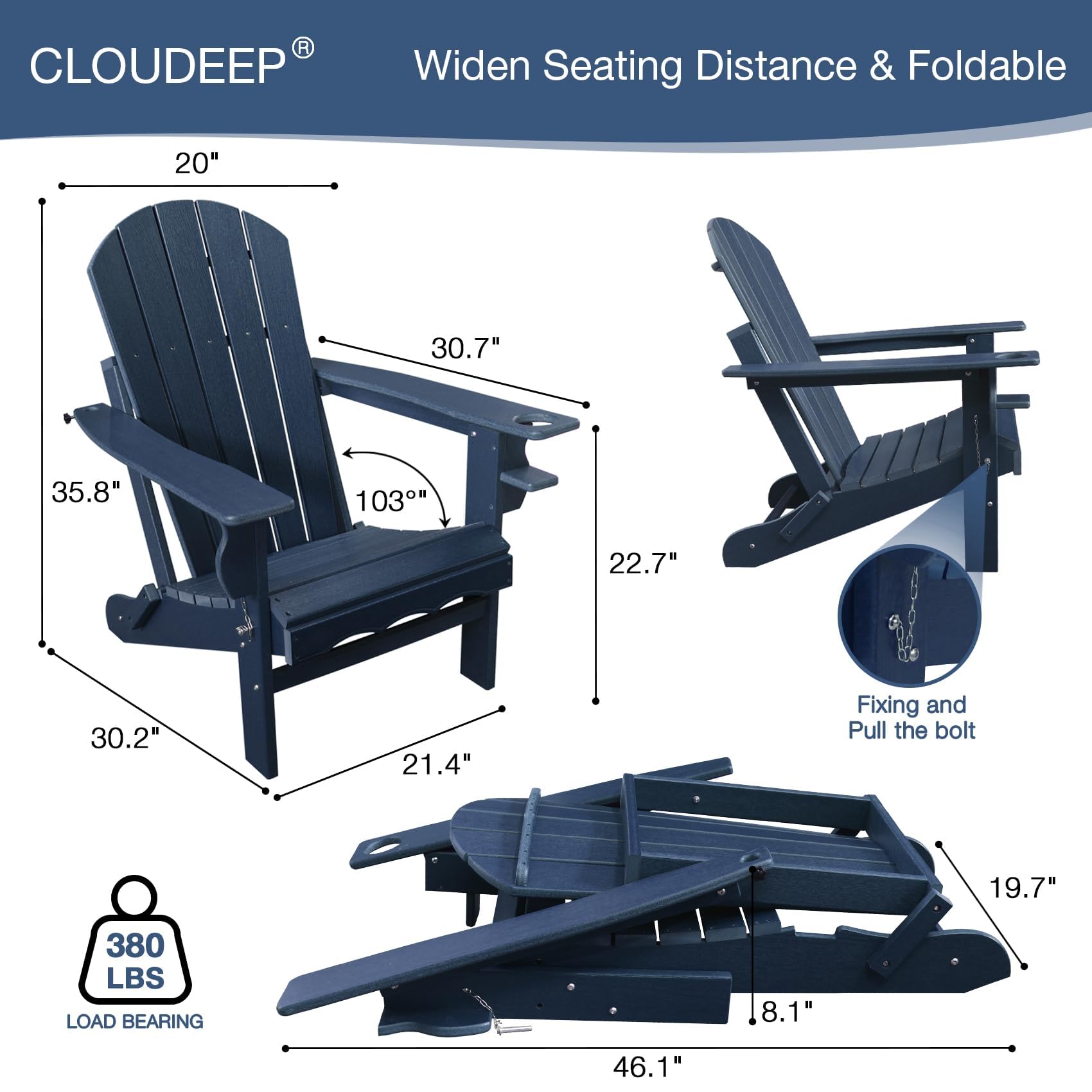 CLOUDEEP Folding Adirondack Chairs, HDPE Adirondack Chairs All Weather, Fire Pit Chairs,Dark Blue