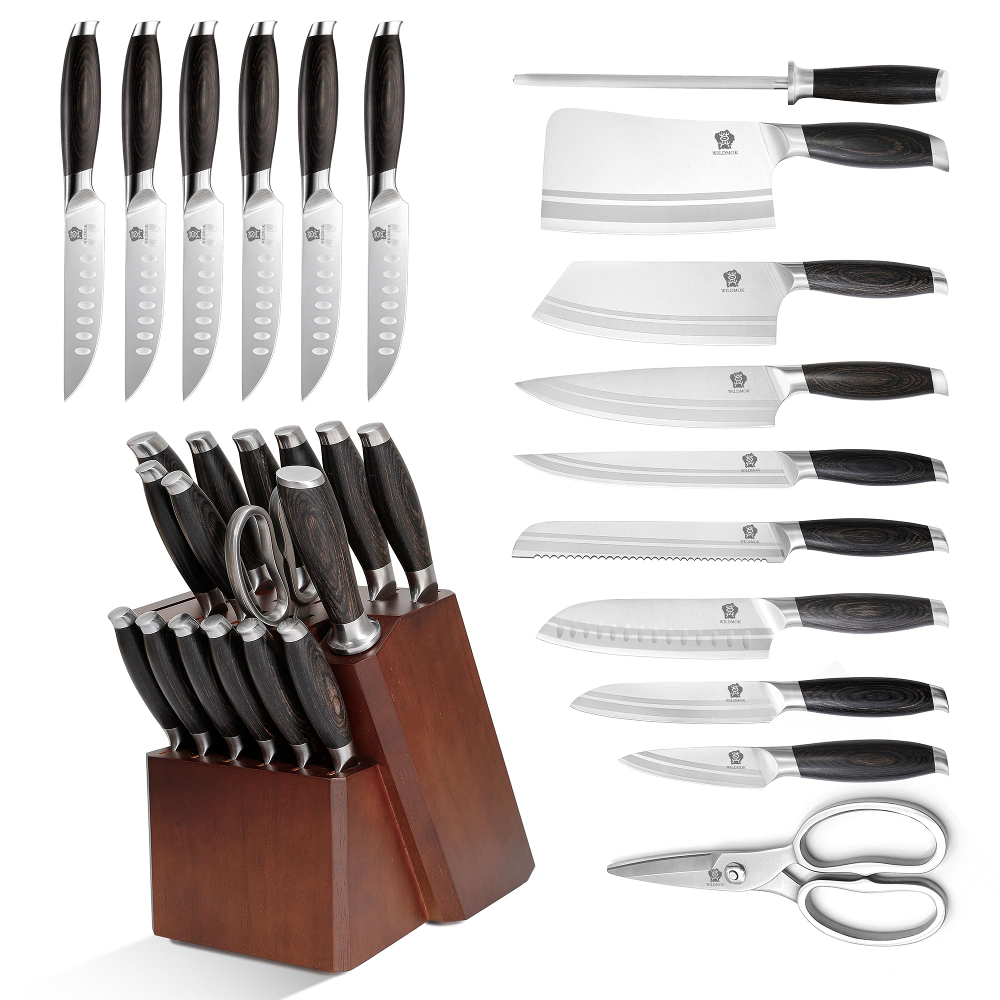 WILDMOK Kitchen Knife Block Set, 17-piece Knife Set with Wooden Block German Steel Kitchen Knives Sets with Bone Chopper, Gift Box