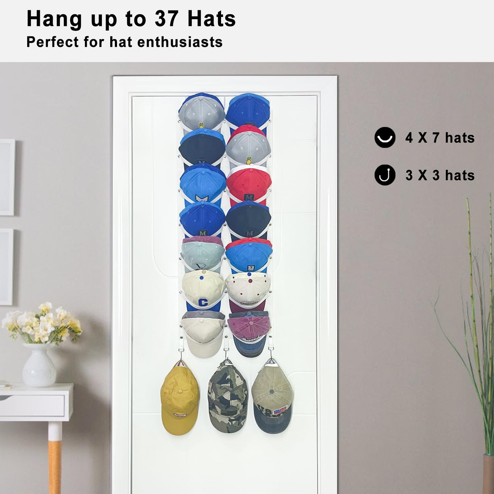 ETOWIFA Hat Organizer Rack for Baseball Caps [Up to 37], Hat Hanger Over the Door Organizer for Closet with 7 Felt Bands & 3 Hooks, Non-Drilled Hat Sunglasses Storage for Room, College Dorm