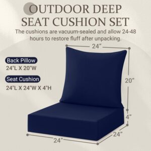 downluxe Outdoor Deep Seat Cushions Set, Waterproof Memory Foam Patio Furniture Cushions with Zipper for Outdoor Chair Sofa, 24" x 24", Navy, 2 Piece Set