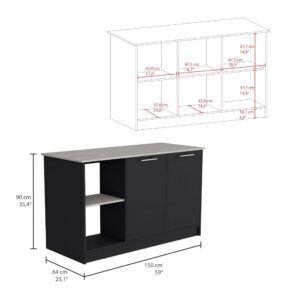 Tuhome Juniper Kitchen Island with Large Top Surface, Double Door Cabinet, and Open Shelves -Black/Onyx