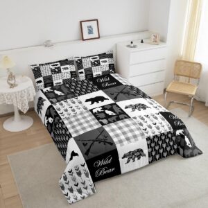 jejeloiu Bear Comforter Set Twin Size Kids Black White Buffalo Check Comforter for Boys Girls Teens Boho Arrow Camo Farmhouse Bedding Set Breathable Wild Animal Duvet Set Room Decor Quilt Set