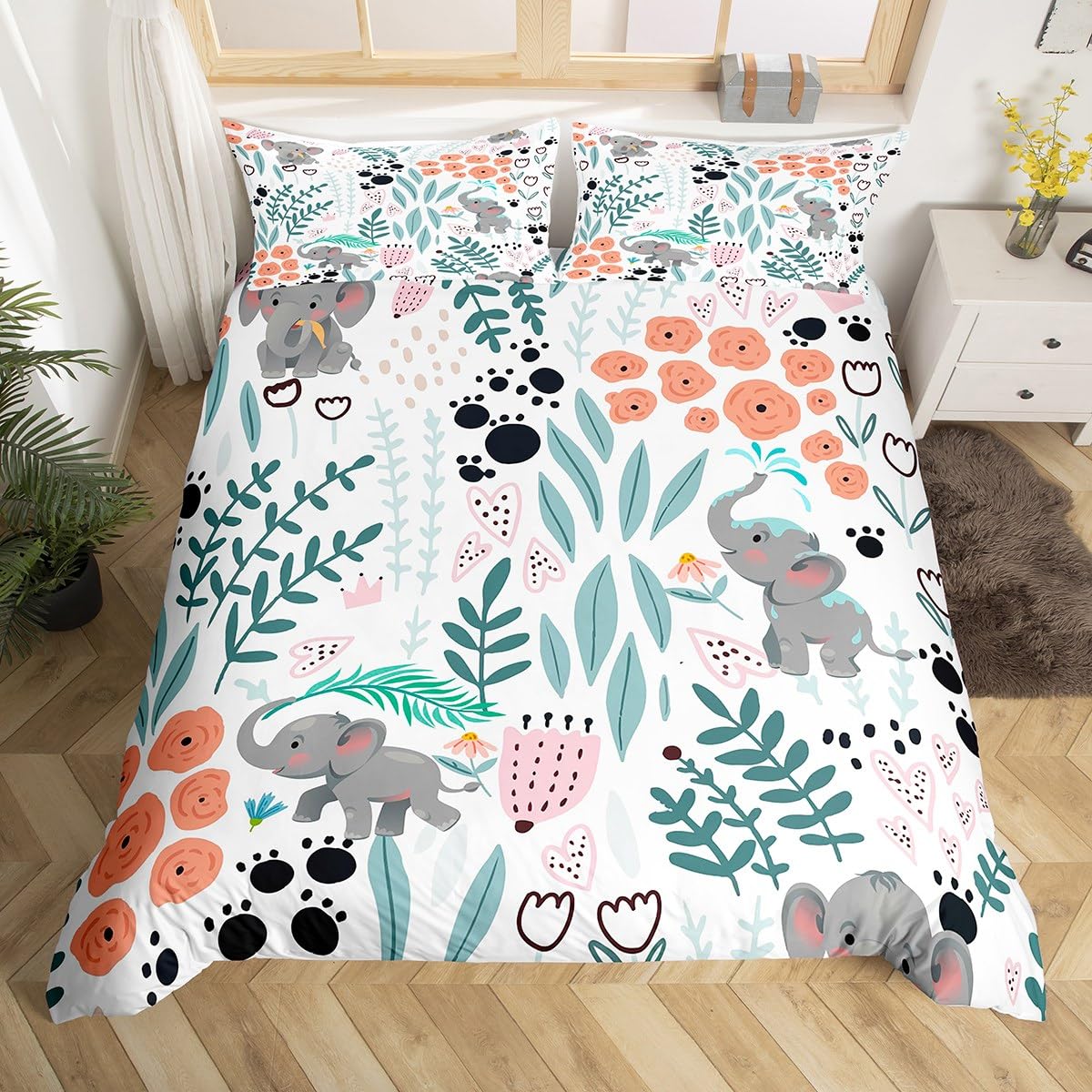 Erosebridal Kawaii Elephant Bedding Set,Cartoon Elephant Duvet Cover Twin,Cute Love Heart Leaf Flower Comforter Cover for Kids Girls Boys,Paw Print Animals Bed Set with 1 Pillow Case