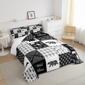 jejeloiu Bear Comforter Set Twin Size Kids Black White Buffalo Check Comforter for Boys Girls Teens Boho Arrow Camo Farmhouse Bedding Set Breathable Wild Animal Duvet Set Room Decor Quilt Set