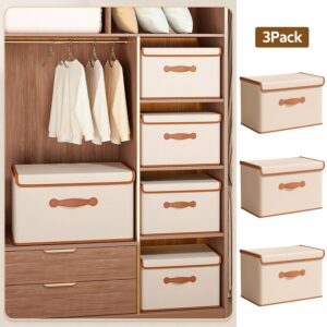 DOORSOUT Foldable Storage Boxes with Lids, Fabric Storage Box with Handles, Extra Large Storage Basket Bins For Wardrobe Clothes Toy 38 * 26 * 25cm (3Pack Beige)