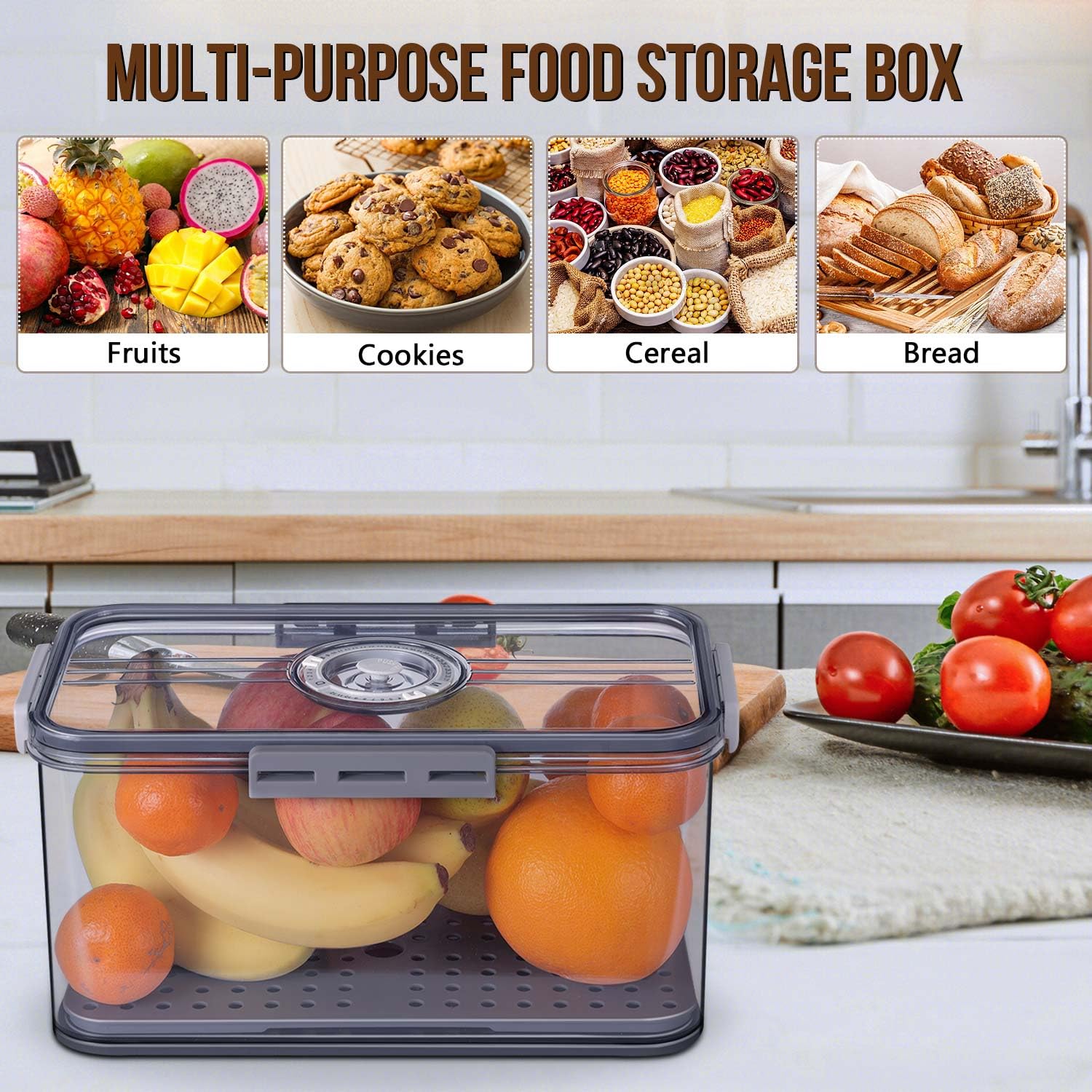 Gifhomfix Bread Box Bread Boxes for Kitchen Counter Airtight, Time Recording Bread Storage Container with Lid, Bread Keeper for Homemade Bread, Toast, Bagel, Donut and Cookies, Grey