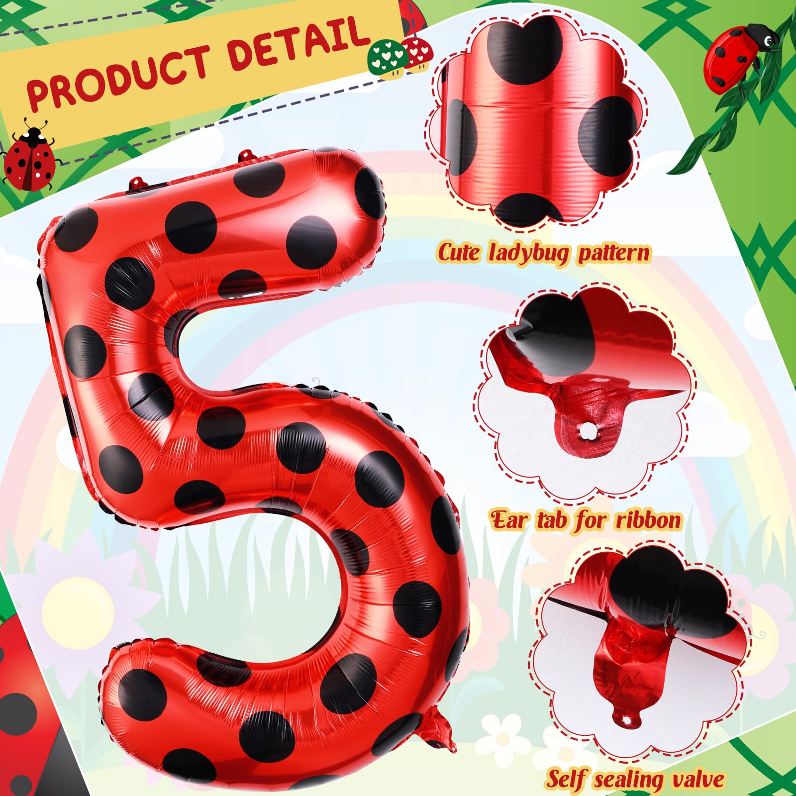 Lunmon 40 Inch Ladybug Large Number 5 Balloon 40 Inch Ladybug Balloon Birthday Decorations Supplies Black Red Polka Dots Ladybird Dots Ladybug Theme Number Balloons for 5th Birthday Party Baby Shower