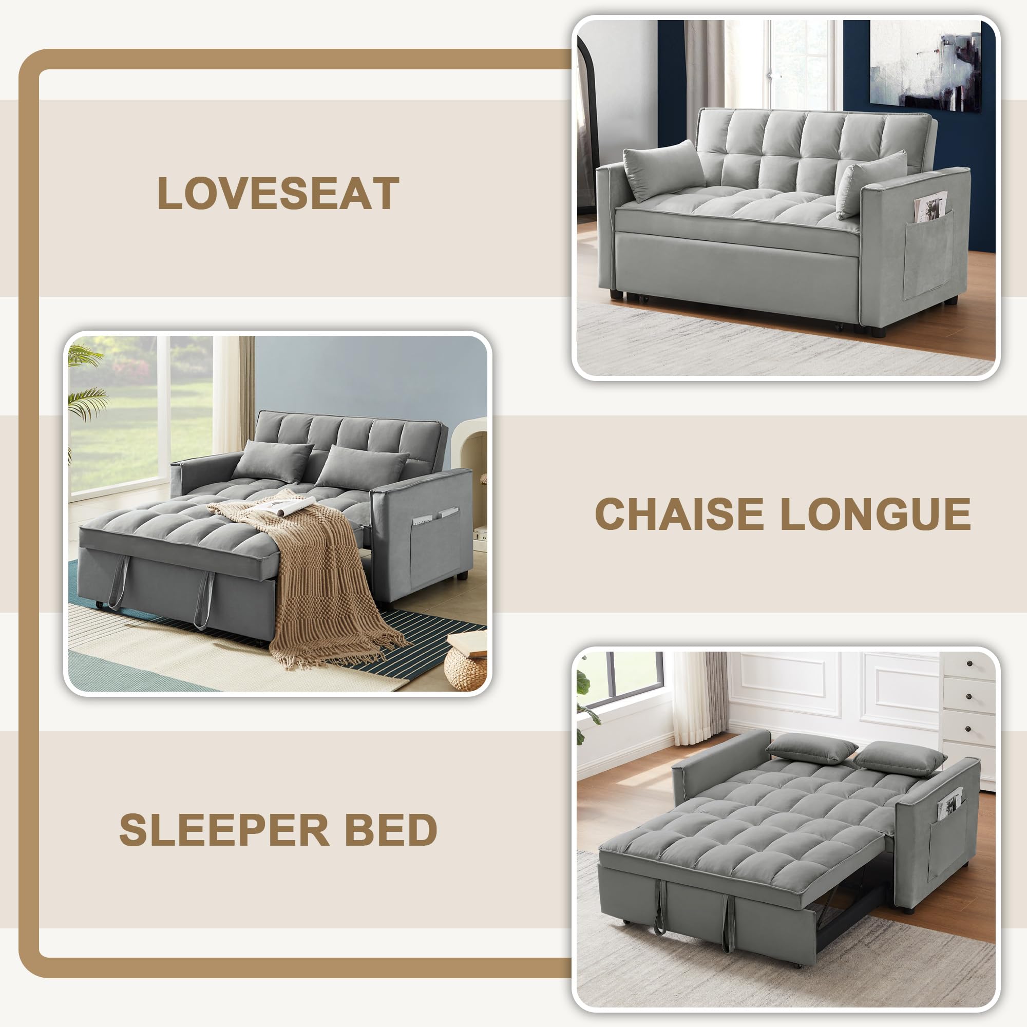 SumKea Pull Out Couch Bed Sleeper Sofa, Velvet 3-in-1 loveseat Sofa Bed with Pull-Out Bed, Two Throw Pillows, Grey