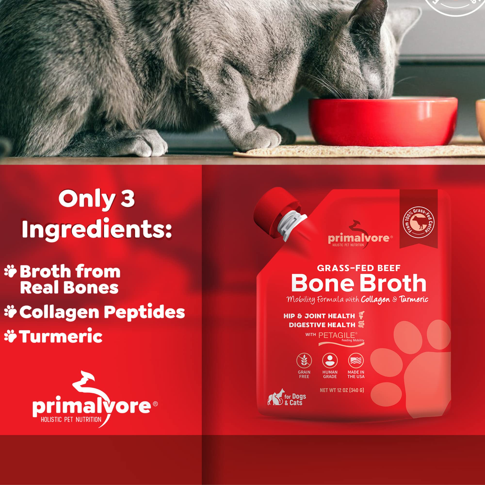 Primalvore Beef & Duck Free-Range Bone Broth for Dogs &Cats, Mobility Formula w/Collagen Peptides for Hip&Joints, Digestion, Skin&Coat and Hydration. Grain Free, Human Grade, Made in USA. 4 Pack