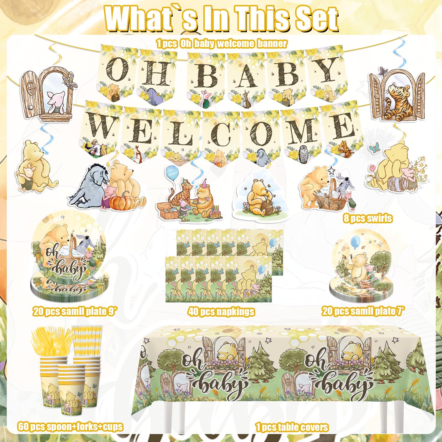 150pcs Bear Baby Shower Decorations Tableware Set, Oh Baby Pooh Plates and Napkins Banner Set Bear Baby Shower Decorations, Classic Pooh Baby Shower Decorations for Boys Girls Newborn