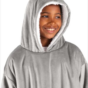 Bare Home Sherpa Fleece Wearable Blanket - Oversized Wearable Blanket Hoodie - Kids Size - Warm & Cozy - Soft Blanket - Comfortable Blanket Sweatshirt with Dual-Sided Pockets (Kids, Light Grey)