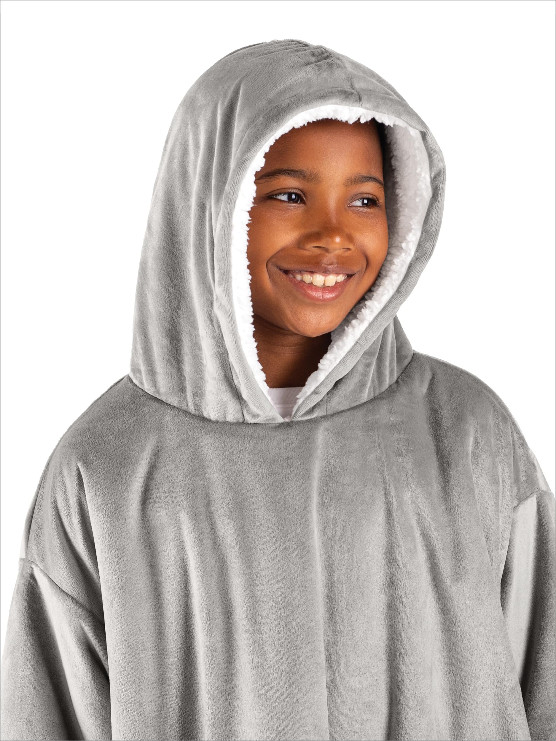 Bare Home Sherpa Fleece Wearable Blanket - Oversized Wearable Blanket Hoodie - Kids Size - Warm & Cozy - Soft Blanket - Comfortable Blanket Sweatshirt with Dual-Sided Pockets (Kids, Light Grey)