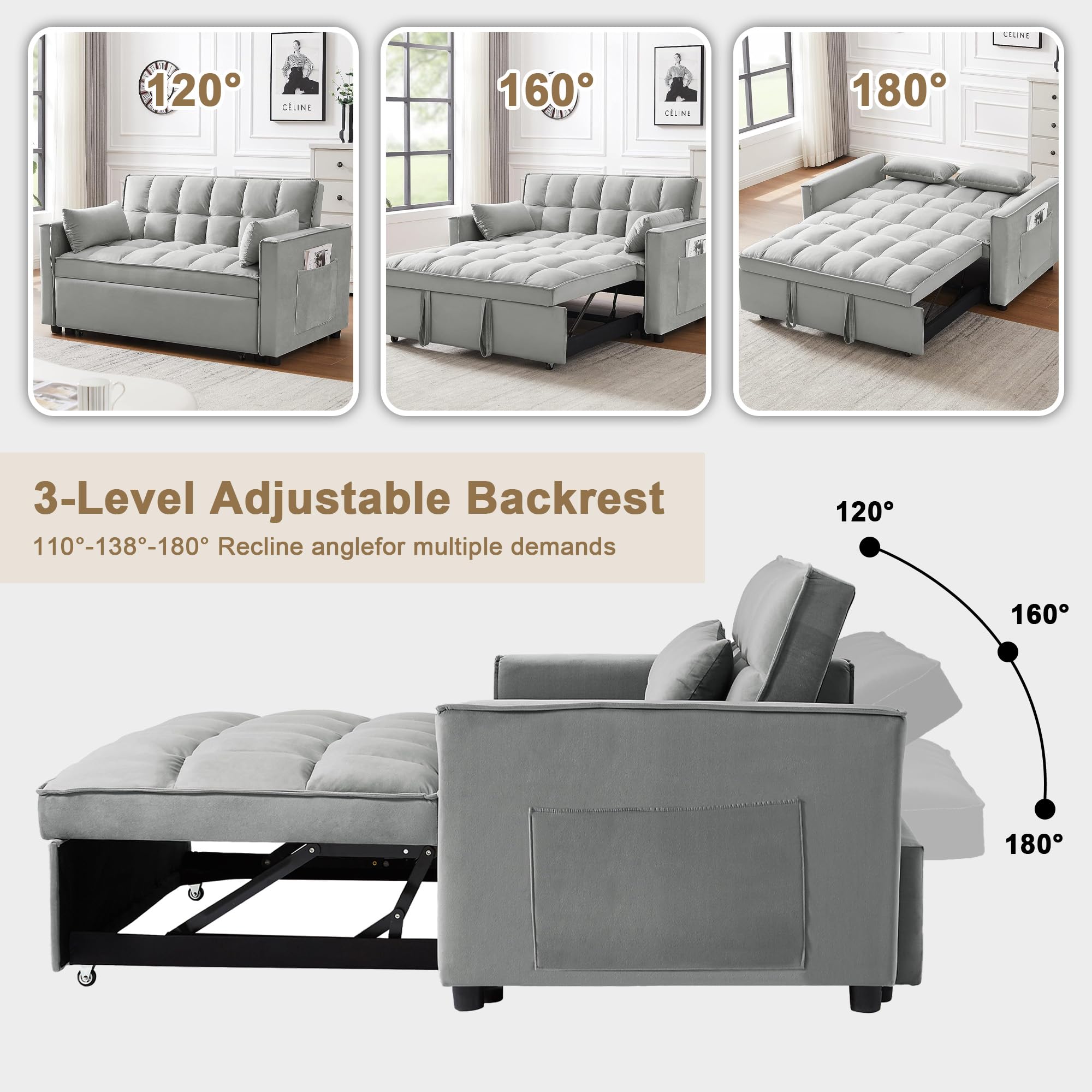 SumKea Pull Out Couch Bed Sleeper Sofa, Velvet 3-in-1 loveseat Sofa Bed with Pull-Out Bed, Two Throw Pillows, Grey